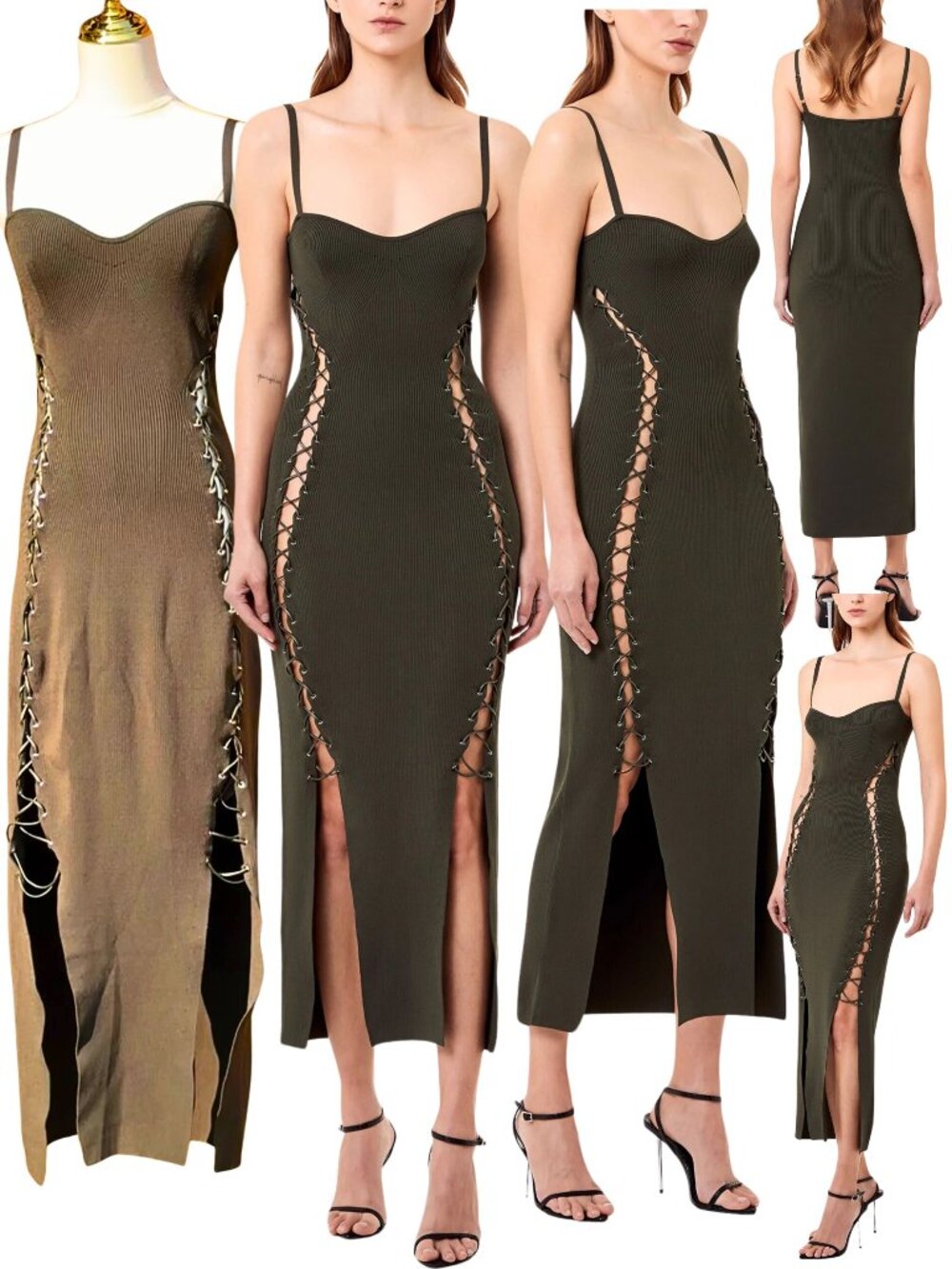 🆕 NICHOLAS 🧿 NWT Palmer Lace Up Ribbed Knit Maxi Dress, Olive Green - Sz M
